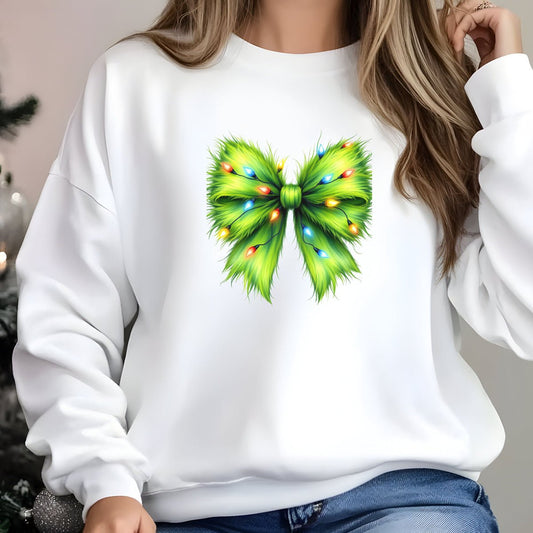 Coquette Grinch Bow Sweatshirt with Festive Christmas Lights - Diva Family Threads