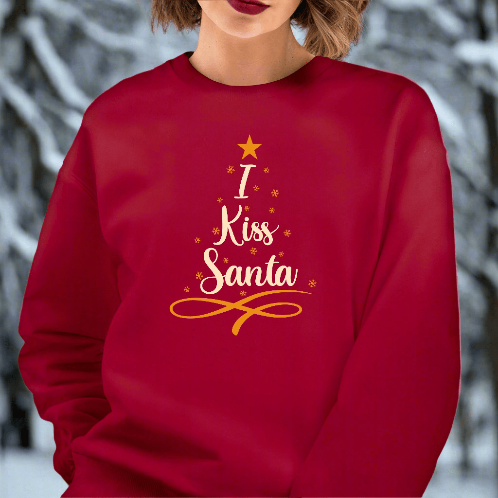 "I Kiss Santa" Christmas Sweatshirt with Tree Graphic - Diva Family Threads