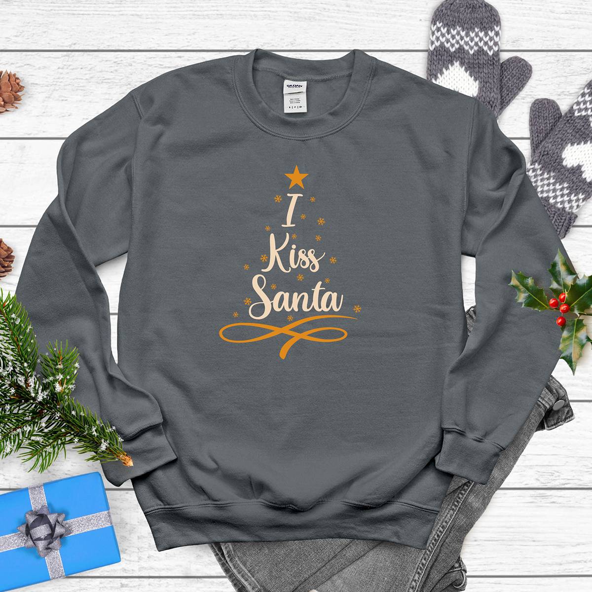 "I Kiss Santa" Christmas Sweatshirt with Tree Graphic - Diva Family Threads