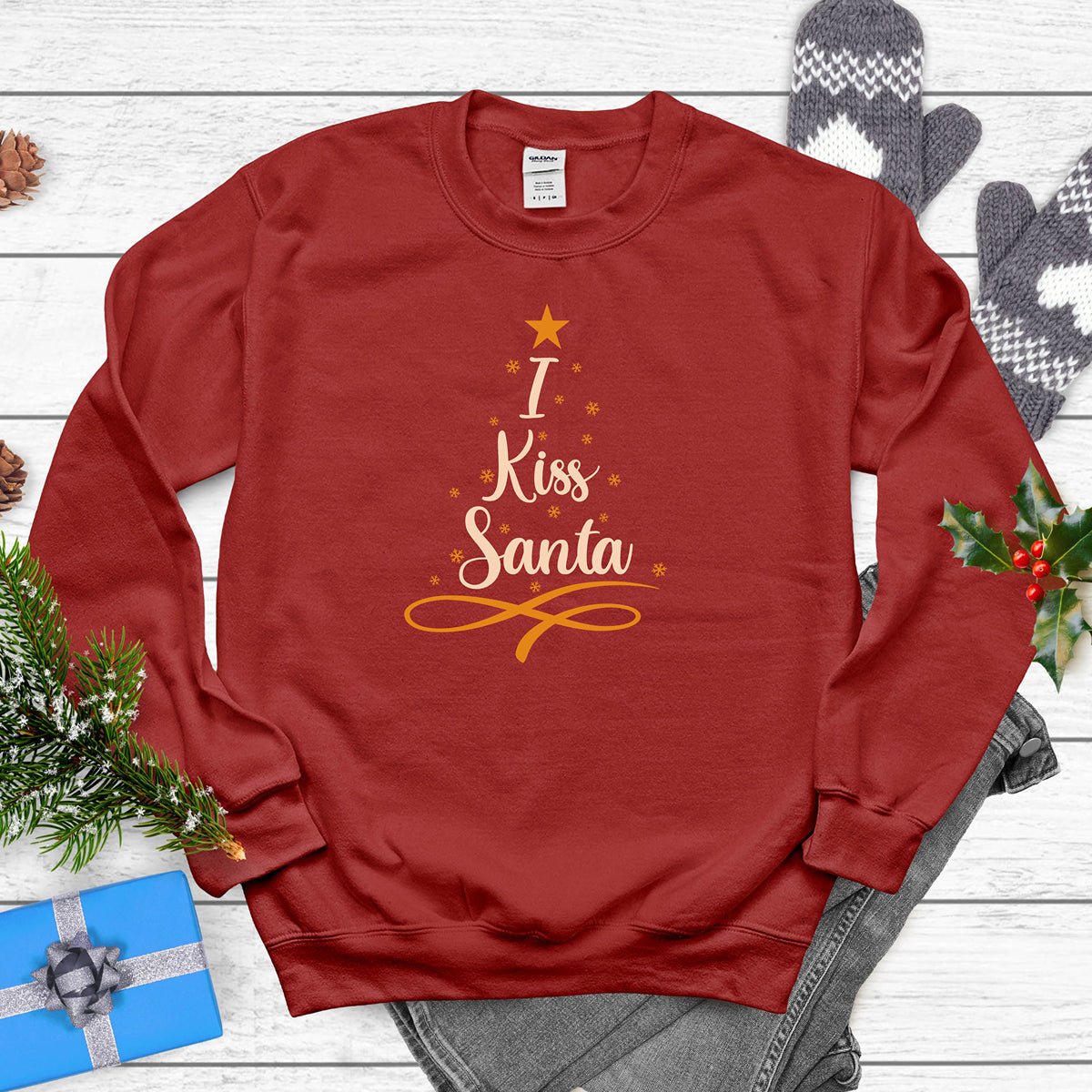 "I Kiss Santa" Christmas Sweatshirt with Tree Graphic - Diva Family Threads